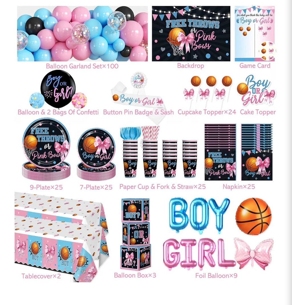 Free Throws or Pink Bows Gender Reveal Party Kit – Basketball Theme, 200+ Pieces for 25 Guests