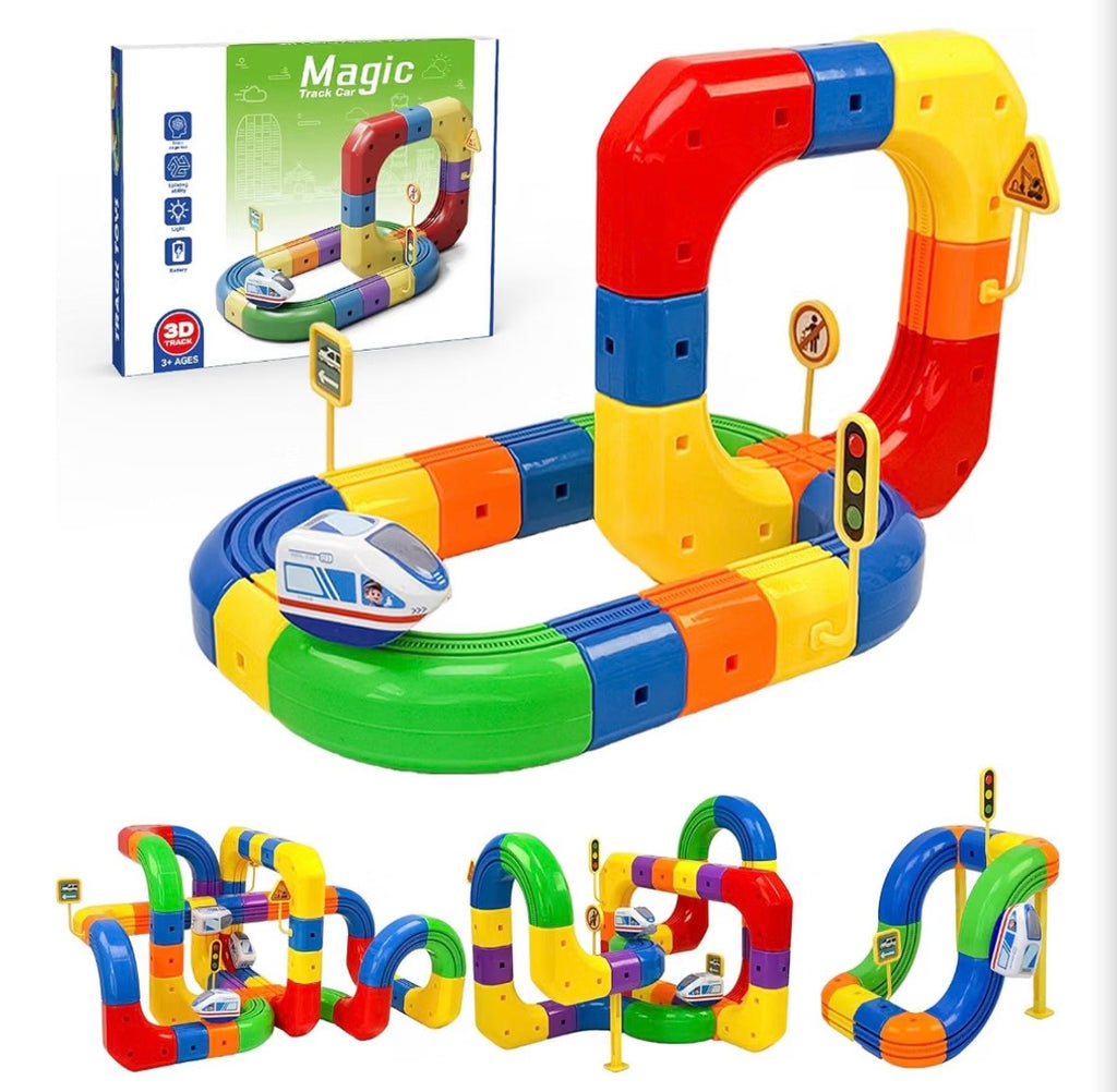 Magic 3D Track Car Train Set – 51-Piece Electric Train with USB Charging, Multi-Level Tracks, Inverted Suspension & Road Signs