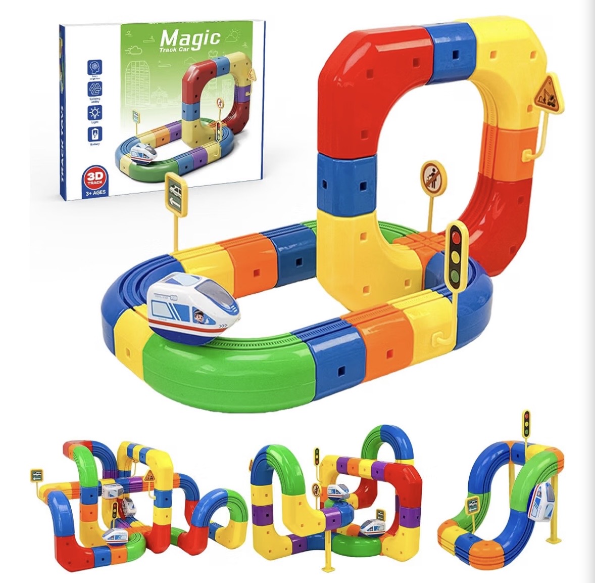 Magic 3D Track Car Train Set – 51-Piece Electric Train with USB Charging, Multi-Level Tracks, Inverted Suspension & Road Signs