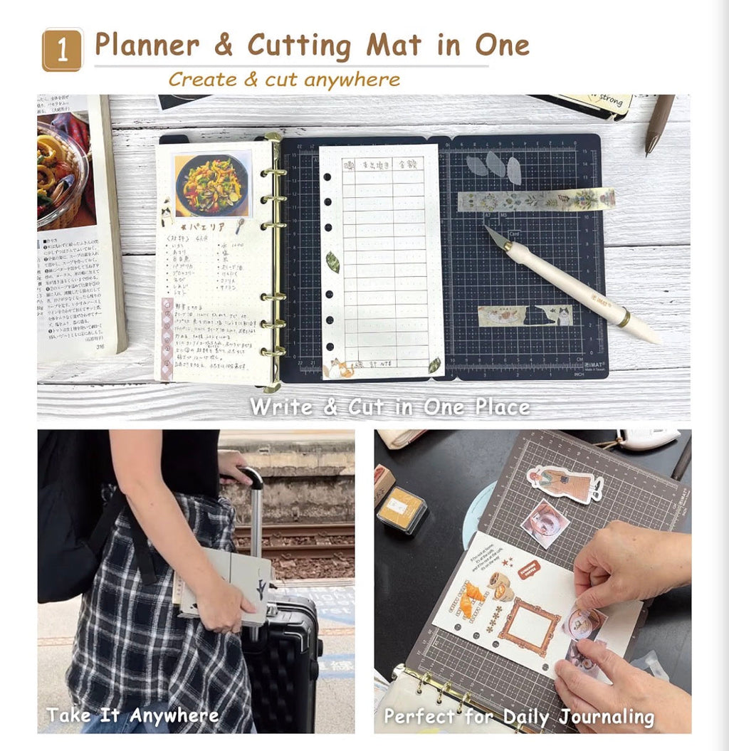 RIMAT Personal Size Planner & Cutting Mat Binder – 6-Ring Fully Customizable Journaling Kit with Quick-Release Mat, L-Pocket & Writing Support