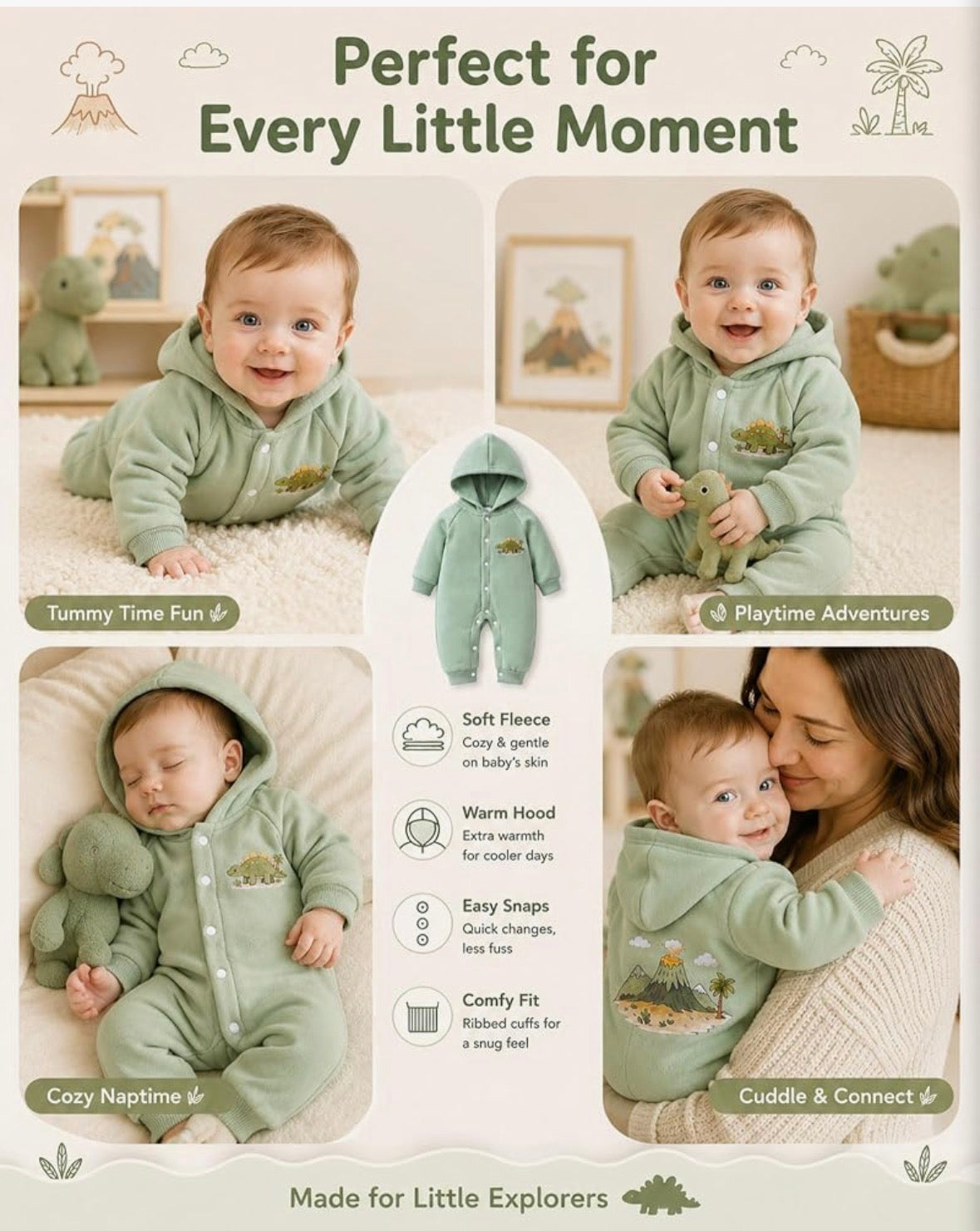 Cozy Dino Hooded Romper