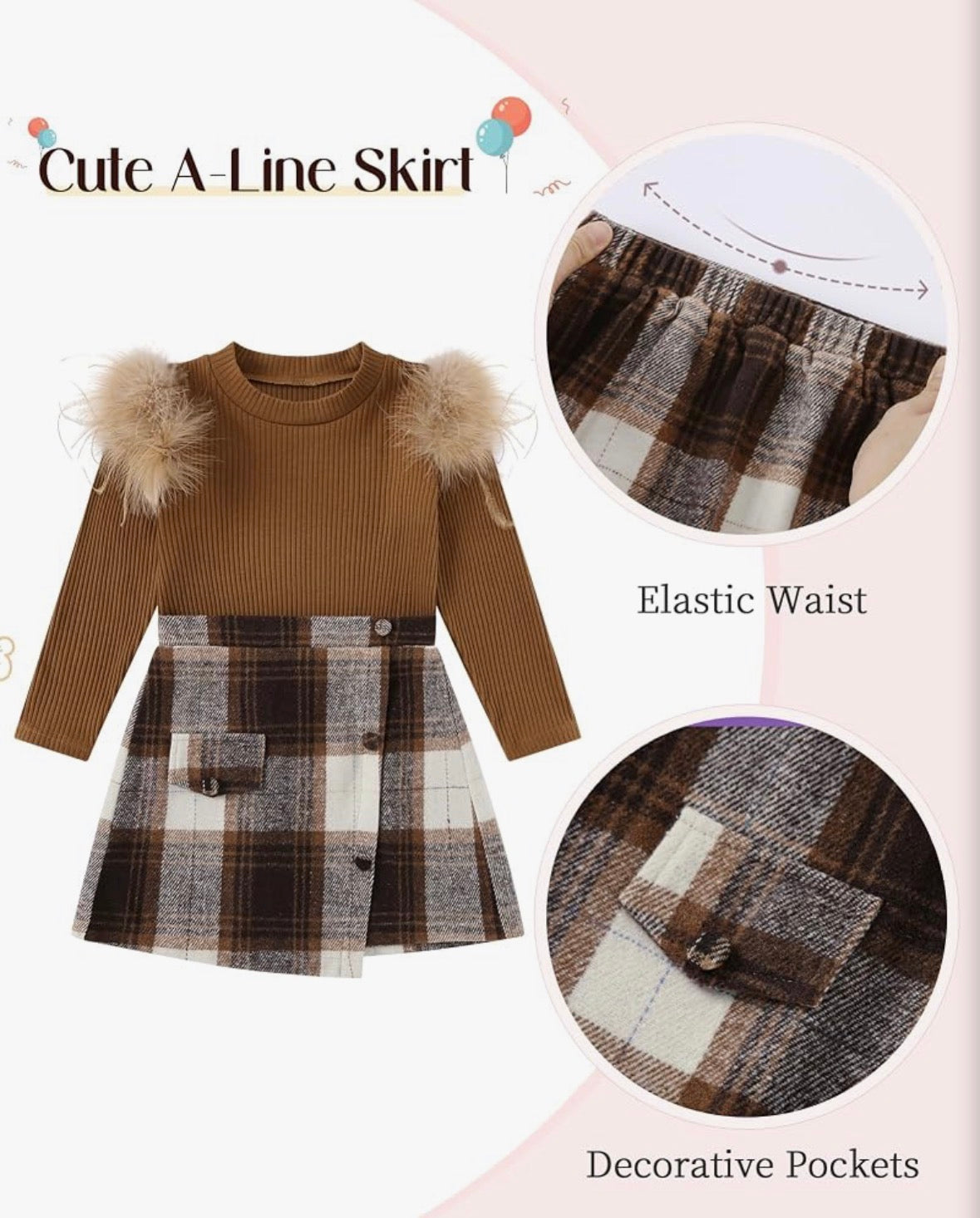 Girls Fall Ribbed Knit & Plaid Skirt Set
