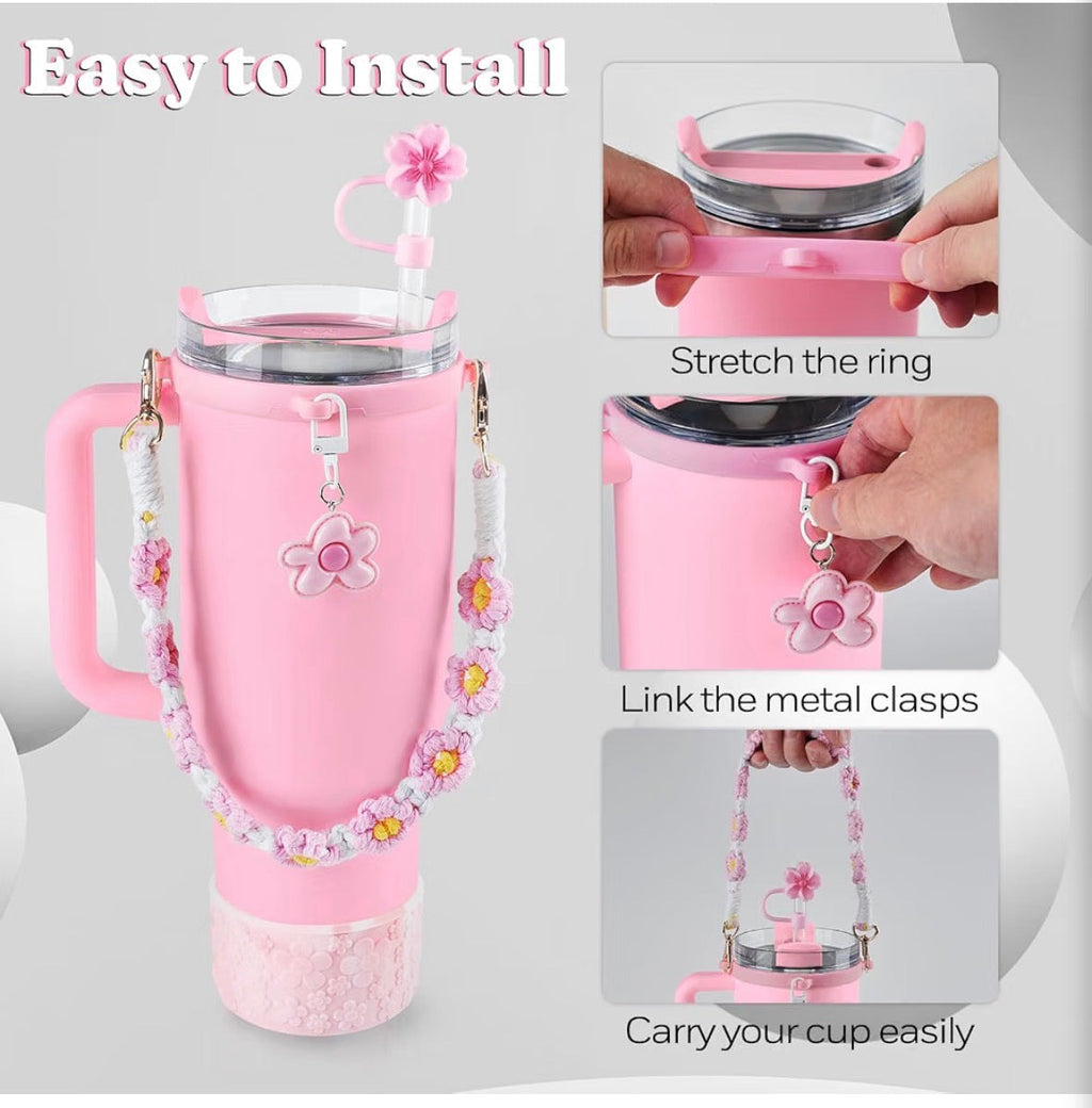 Pink Daisy Tumbler Accessories Set for Stanley & Owala 30 & 40 oz – 5-Piece Floral Cup Charm Kit