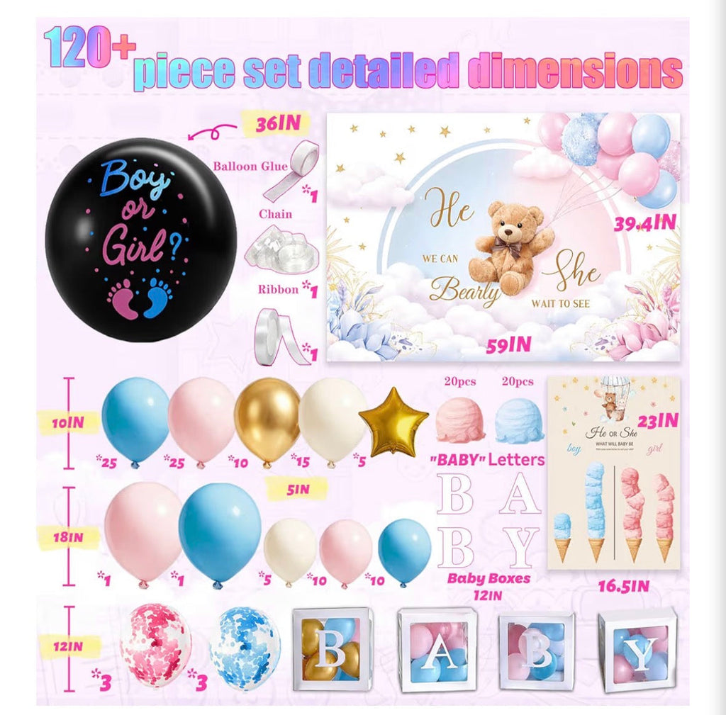 Gender Reveal Party Decorations Kit – 120+ Piece He or She Bearly Wait Teddy Bear Theme