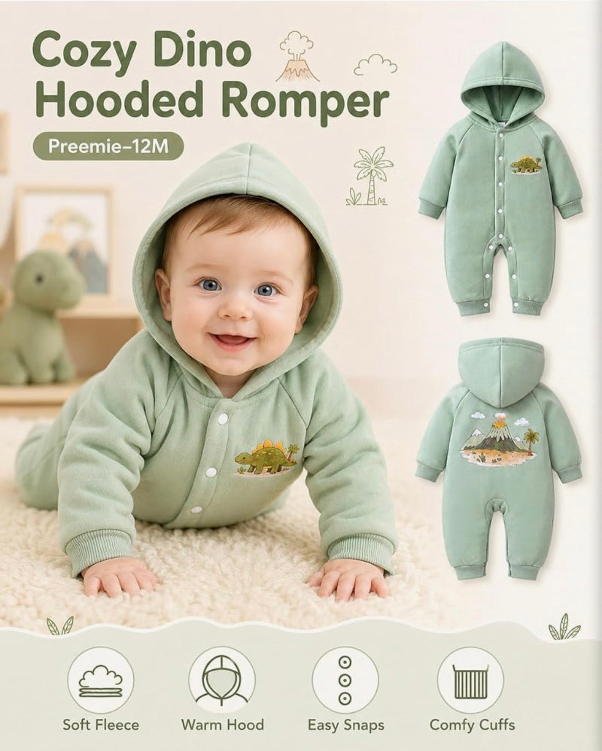 Cozy Dino Hooded Romper