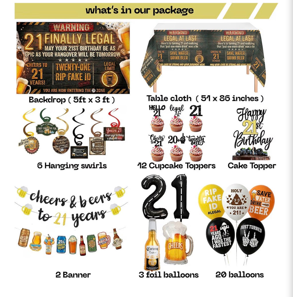 21st Birthday Party Decorations Kit – Cheers & Beers 57-Piece Set, Finally Legal
