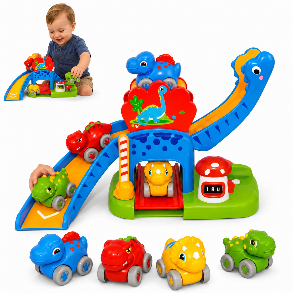 Dinosaur Car Ramp Toy Set – 4 Dino Cars, Slide Track & Parking Garage for Toddlers
