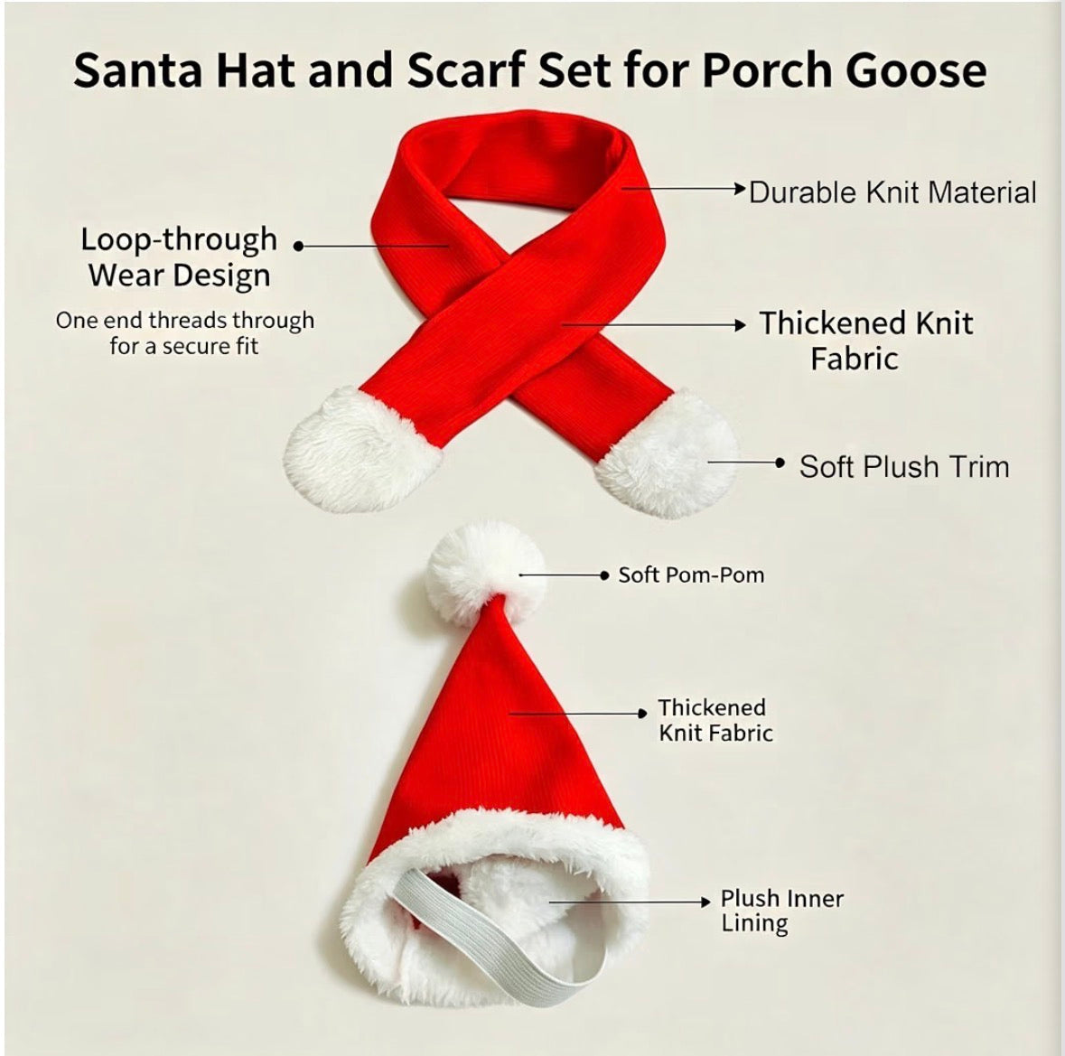 3pc Christmas Porch Goose Outfit – Buffalo Plaid Cape, Santa Hat & Scarf (Fits 17"–23" Porch Goose)