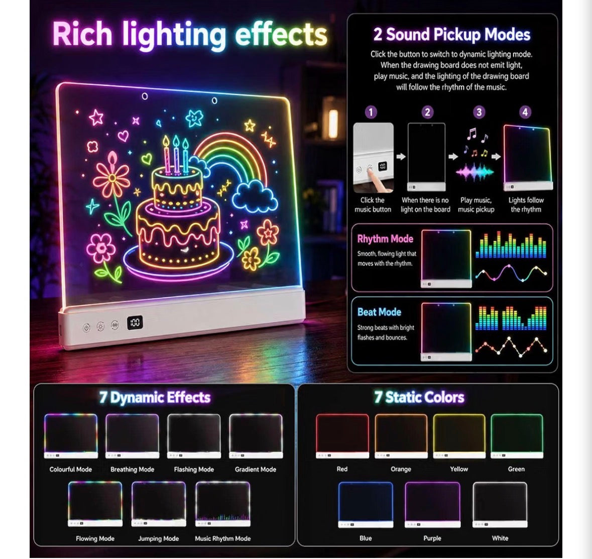LED Light-Up Drawing Board for Kids – Rechargeable, Music Sync, 7 Colors & 7 Effects, Erasable