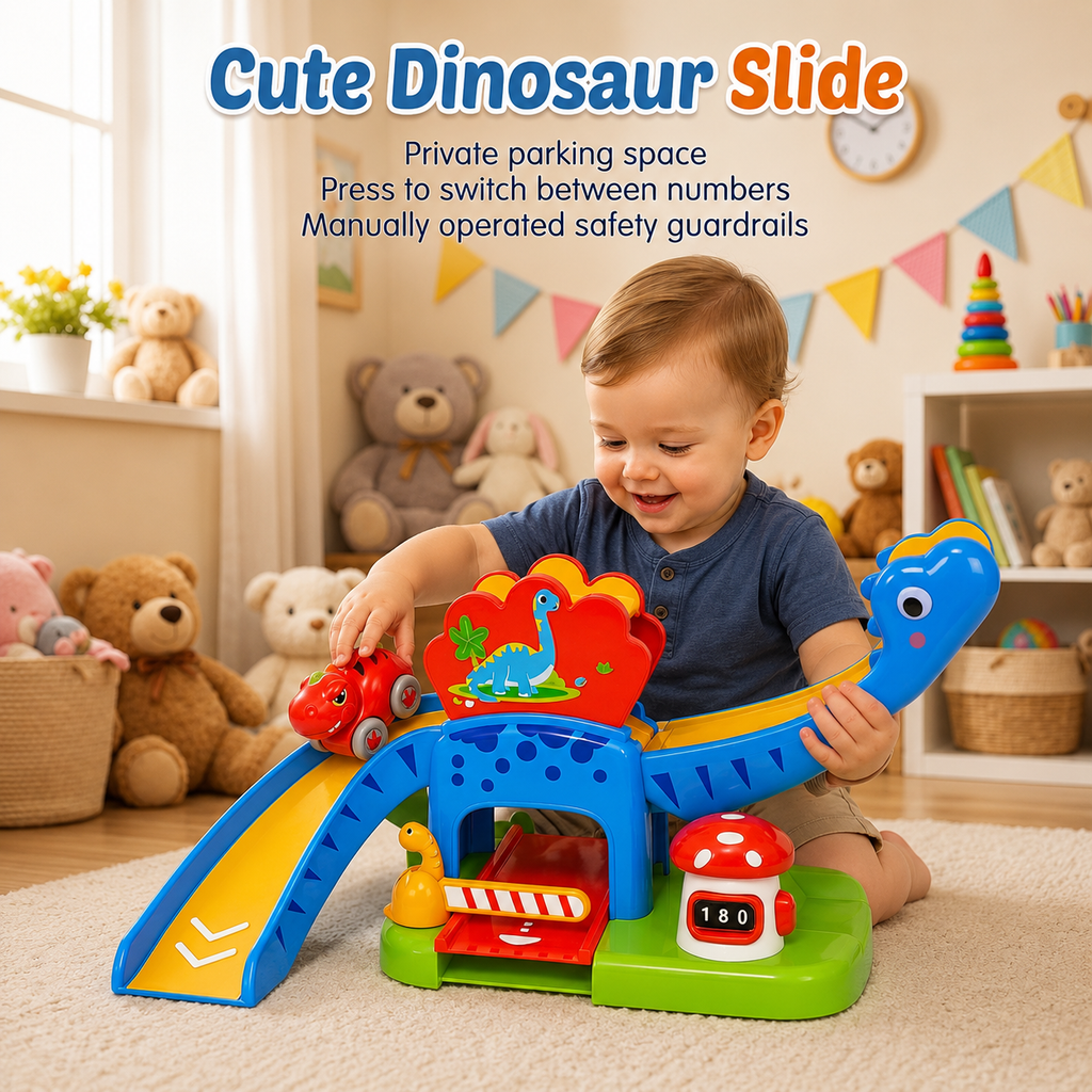 Dinosaur Car Ramp Toy Set – 4 Dino Cars, Slide Track & Parking Garage for Toddlers