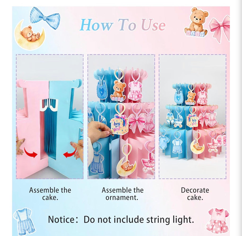 Boy or Girl Gender Reveal 3D Cake Centerpiece with 51 Hanging Ornaments