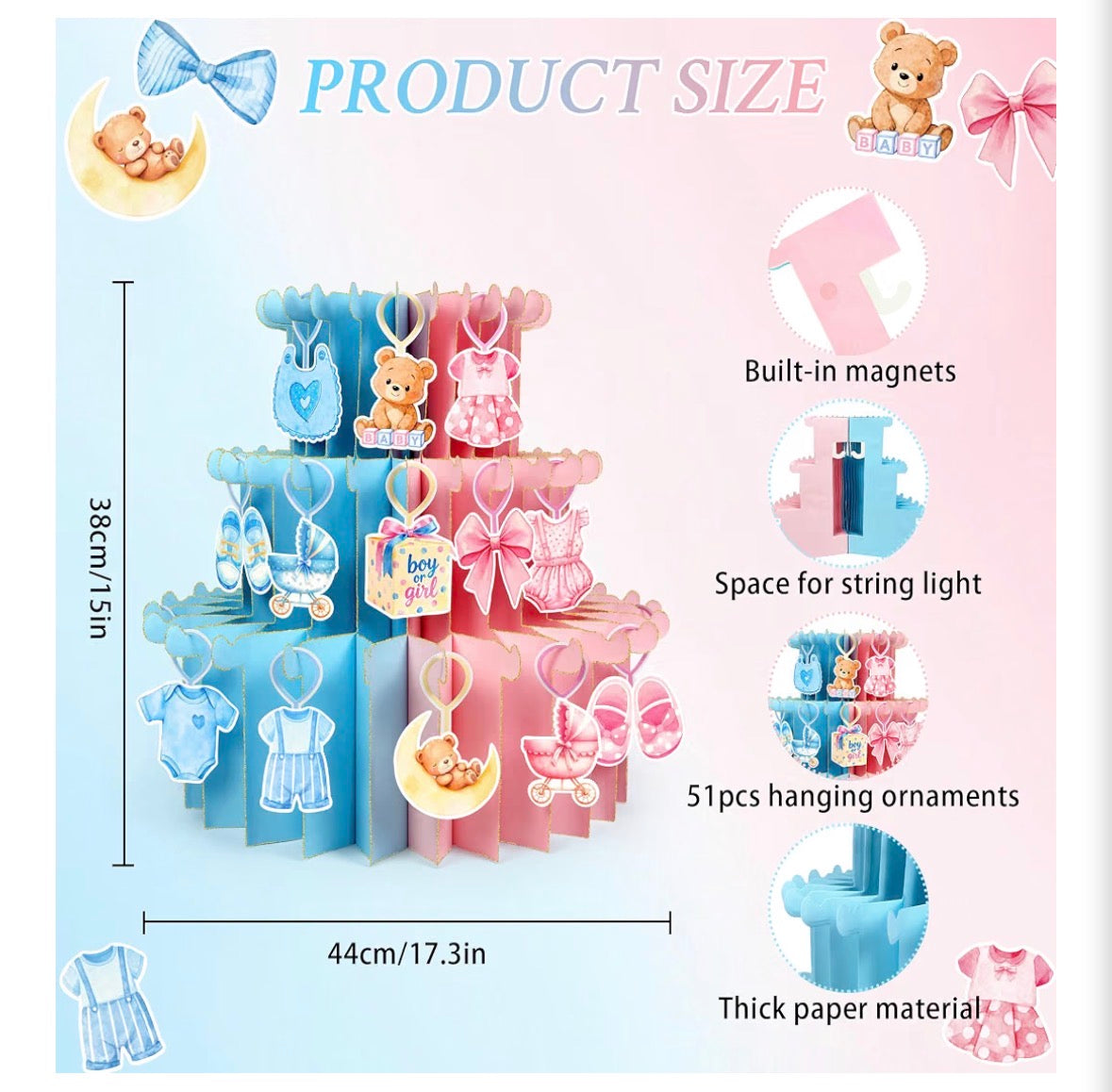 Boy or Girl Gender Reveal 3D Cake Centerpiece with 51 Hanging Ornaments