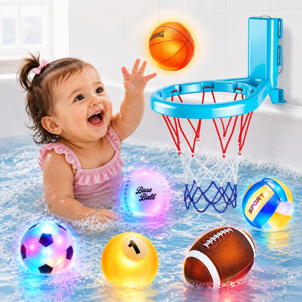 Light Up Bath Toys Set with Basketball Hoop – 6 Glowing Sports Balls