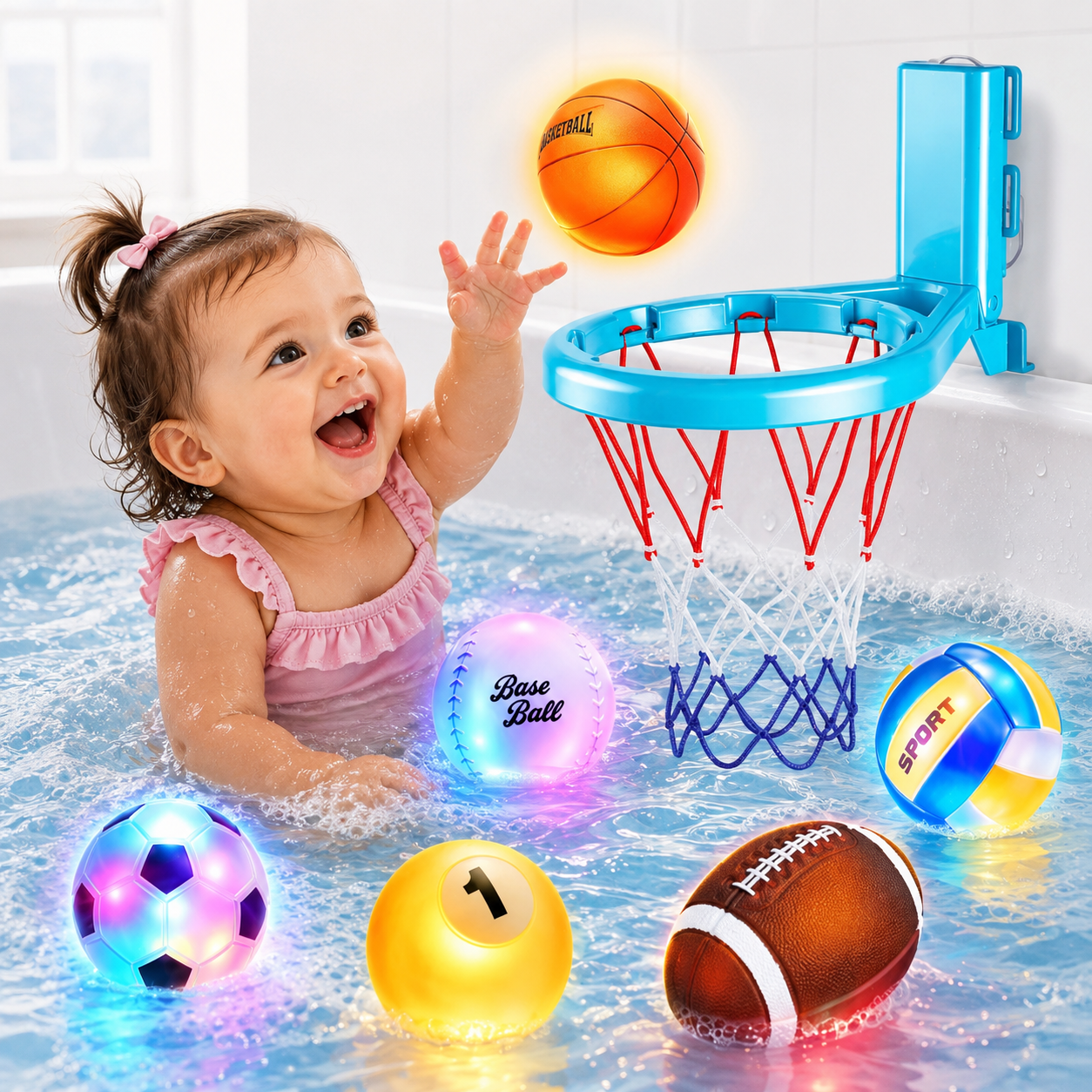 Light Up Bath Toys Set with Basketball Hoop – 6 Glowing Sports Balls