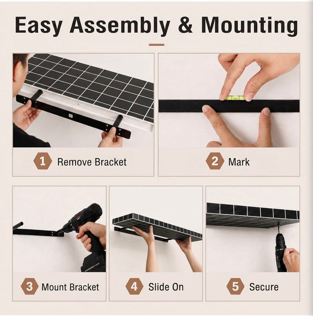 Black Tile Texture Floating Wall Shelves Set of 2 – 35.4" x 9.4", 60 LBS, 3D Mosaic Design