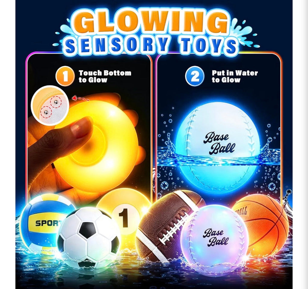 Light Up Bath Toys Set with Basketball Hoop – 6 Glowing Sports Balls