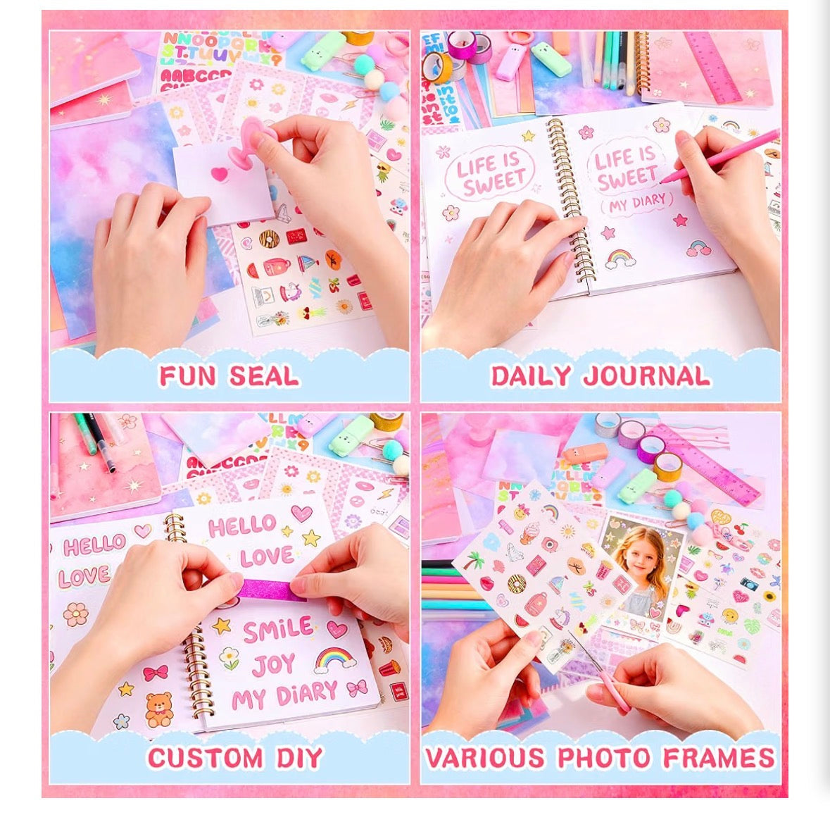 Girls Scrapbook Journaling Kit – 2 Spiral Journals, Washi Tape, Stickers, Pens & Craft Supplies, 100+ Pieces