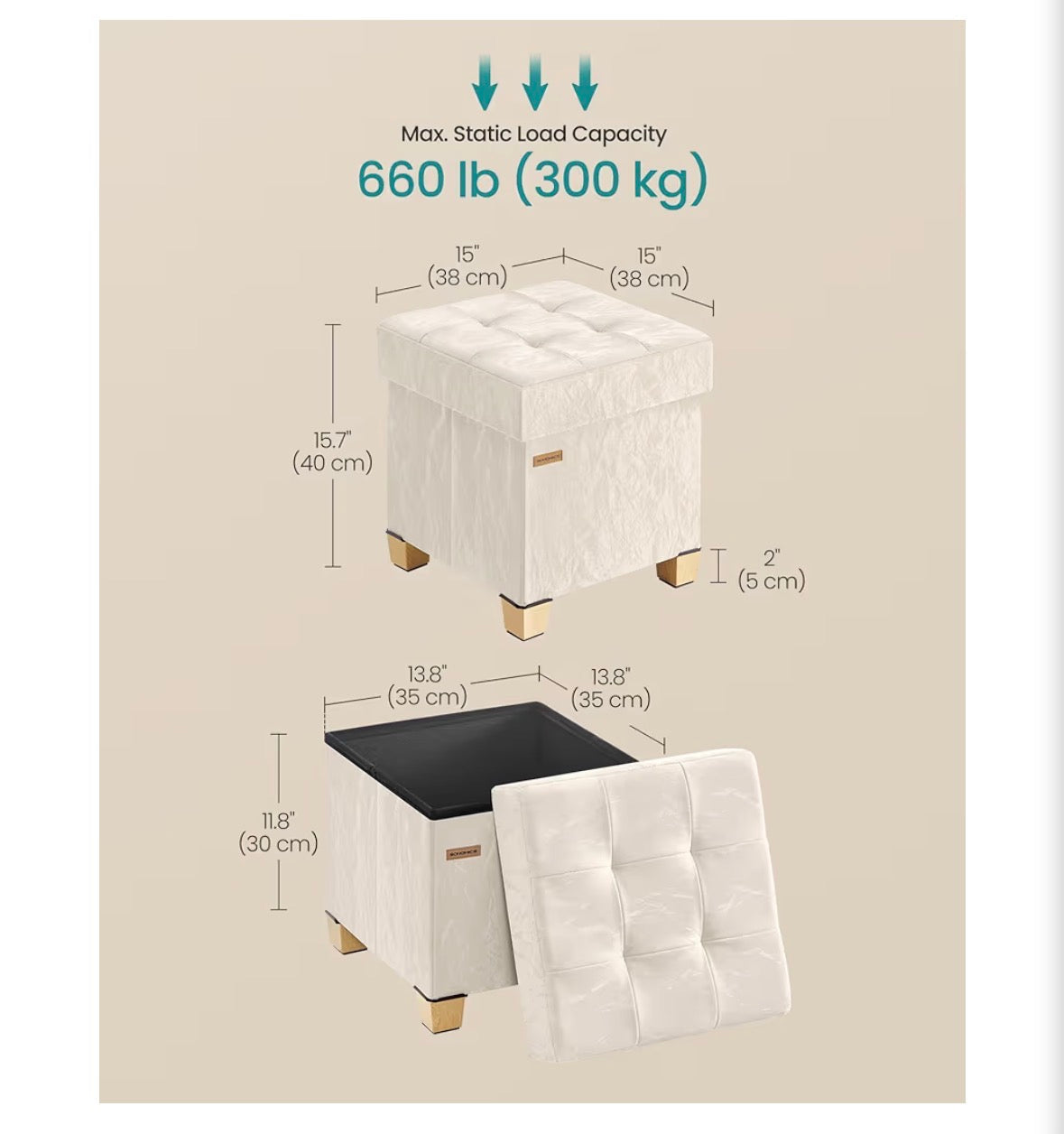 Cream Velvet Storage Ottoman with Gold Legs – 15" Cube Footrest