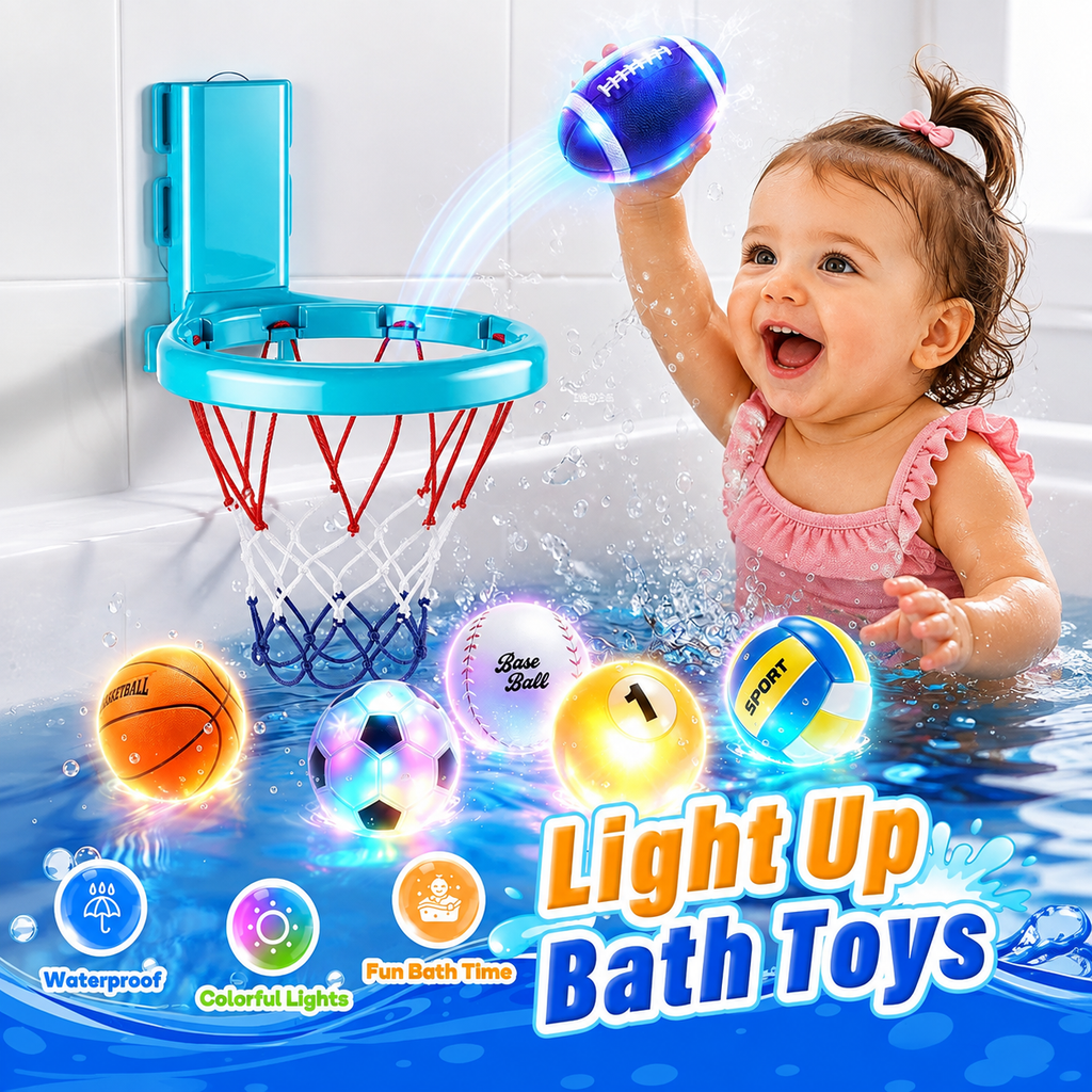 Light Up Bath Toys Set with Basketball Hoop – 6 Glowing Sports Balls
