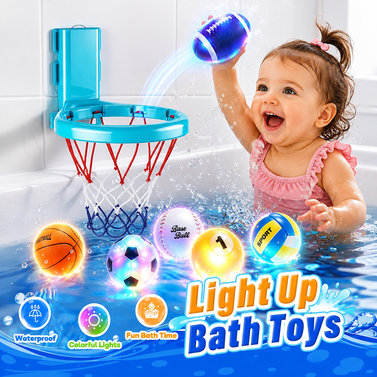 Light Up Bath Toys Set with Basketball Hoop – 6 Glowing Sports Balls