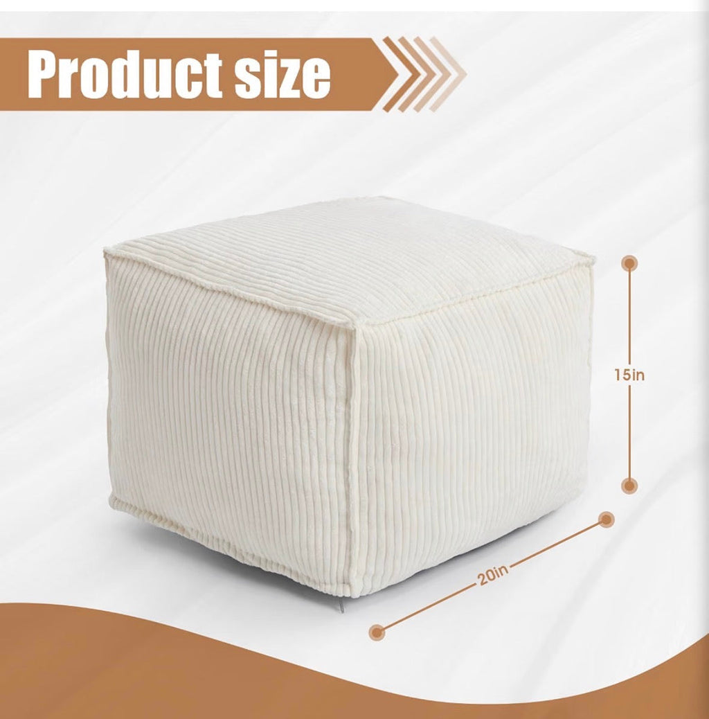 Cream Corduroy Ottoman Pouf – Memory Foam Footrest & Floor Cushion, 20" x 20" x 15"
