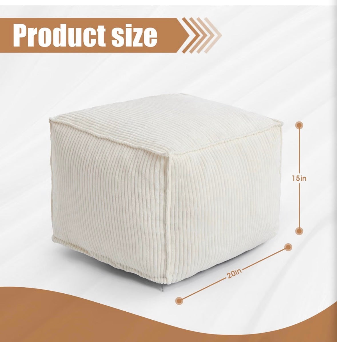 Cream Corduroy Ottoman Pouf – Memory Foam Footrest & Floor Cushion, 20" x 20" x 15"