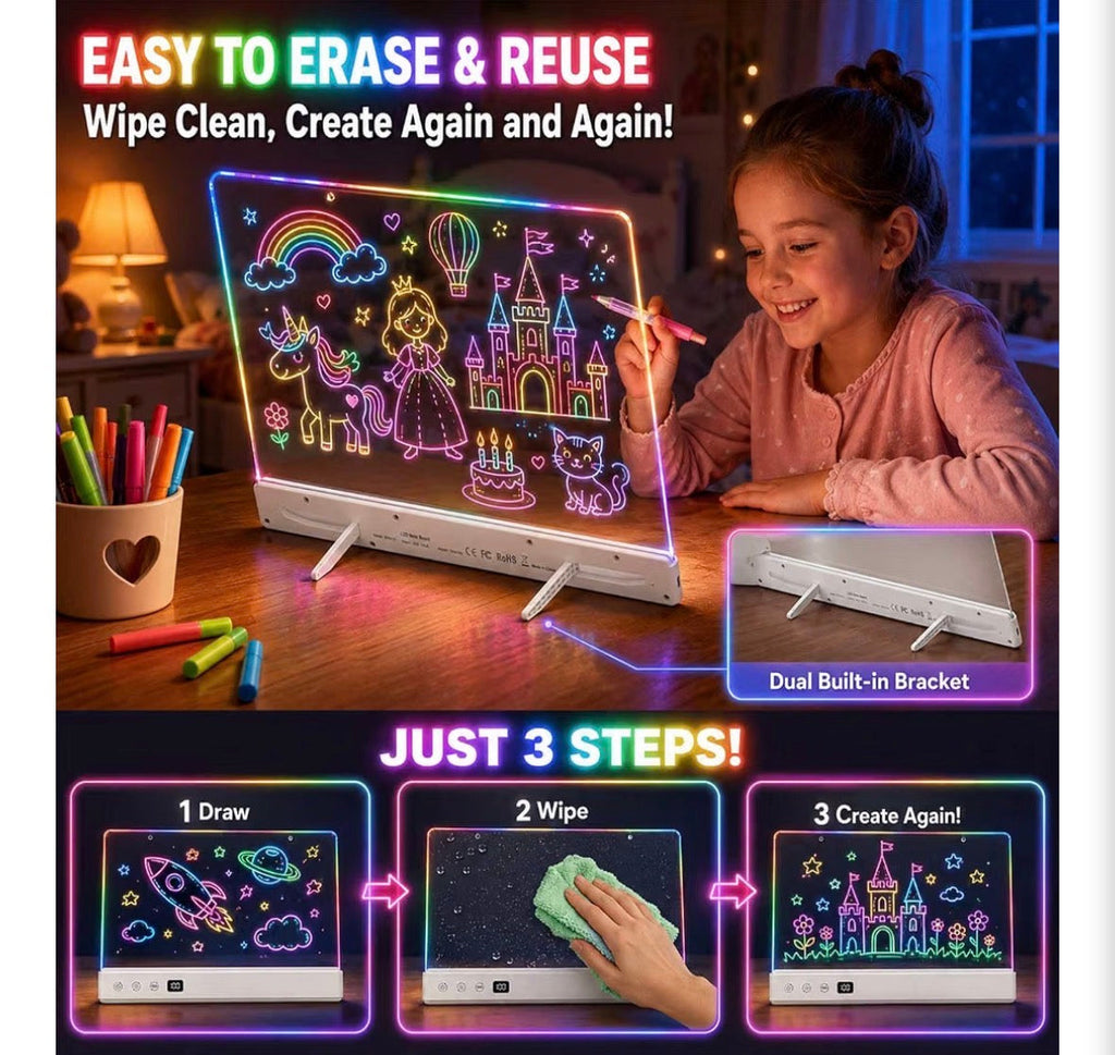 LED Light-Up Drawing Board for Kids – Rechargeable, Music Sync, 7 Colors & 7 Effects, Erasable