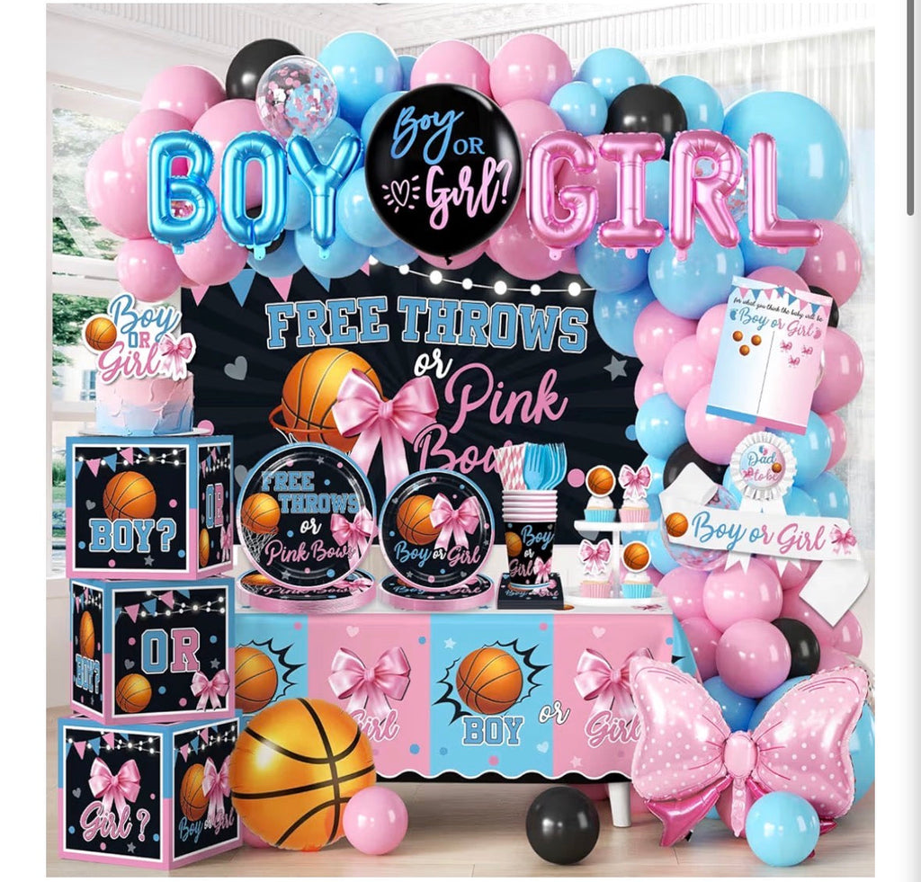 Free Throws or Pink Bows Gender Reveal Party Kit – Basketball Theme, 200+ Pieces for 25 Guests