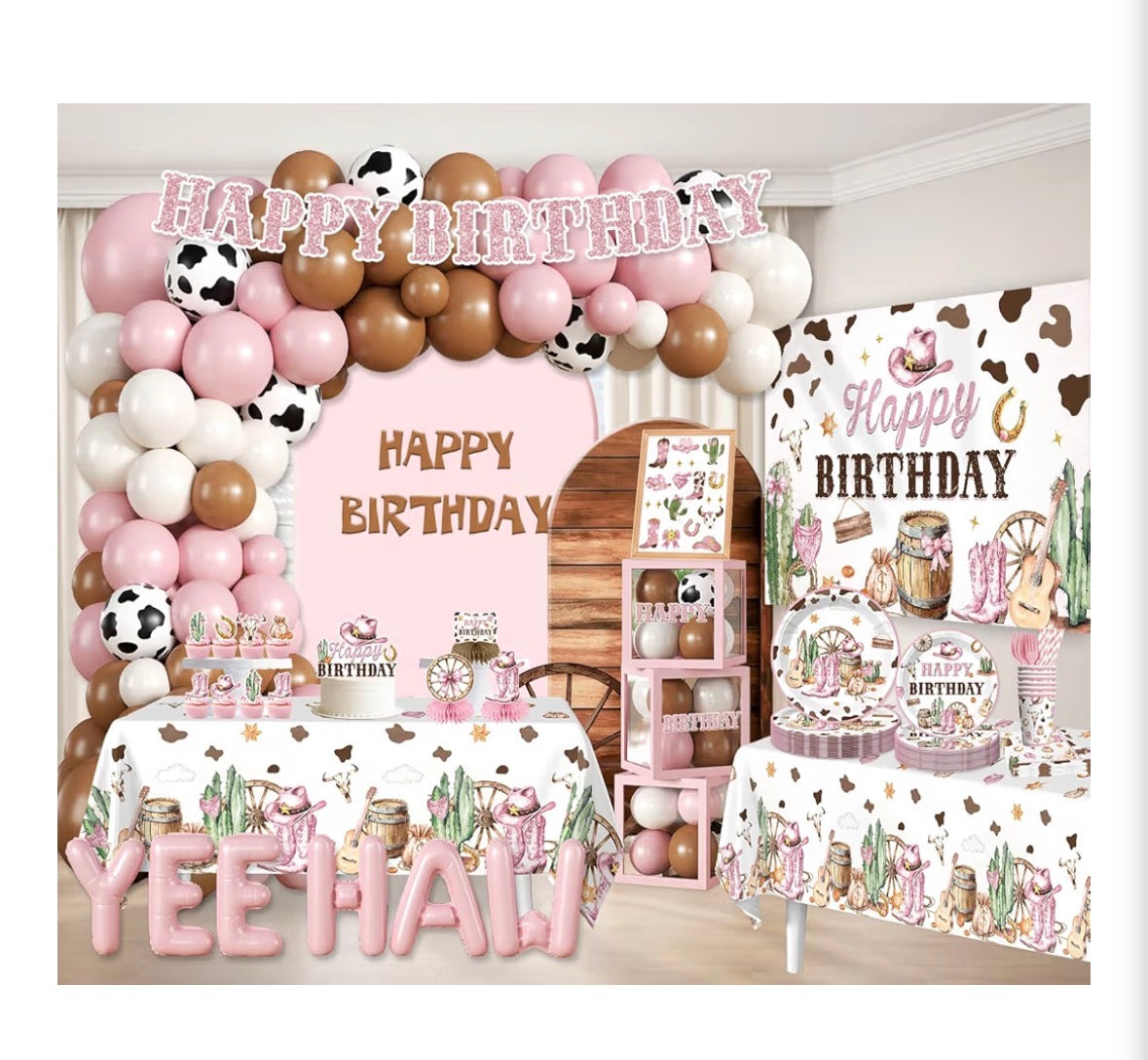 Cowgirl Birthday Party Decorations Kit – Yee Haw Pink & Brown Complete Party Set