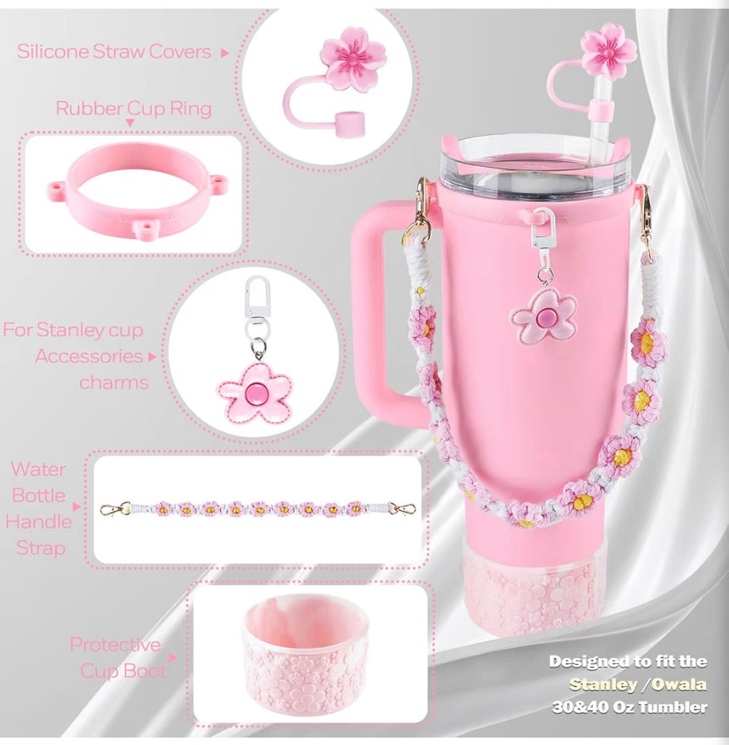 Pink Daisy Tumbler Accessories Set for Stanley & Owala 30 & 40 oz – 5-Piece Floral Cup Charm Kit