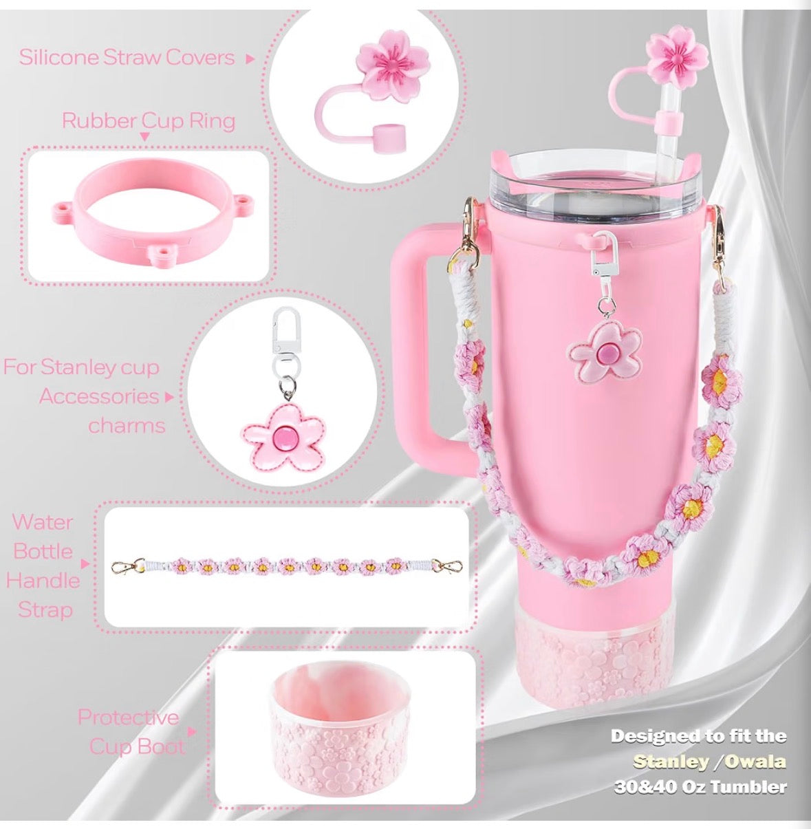 Pink Daisy Tumbler Accessories Set for Stanley & Owala 30 & 40 oz – 5-Piece Floral Cup Charm Kit