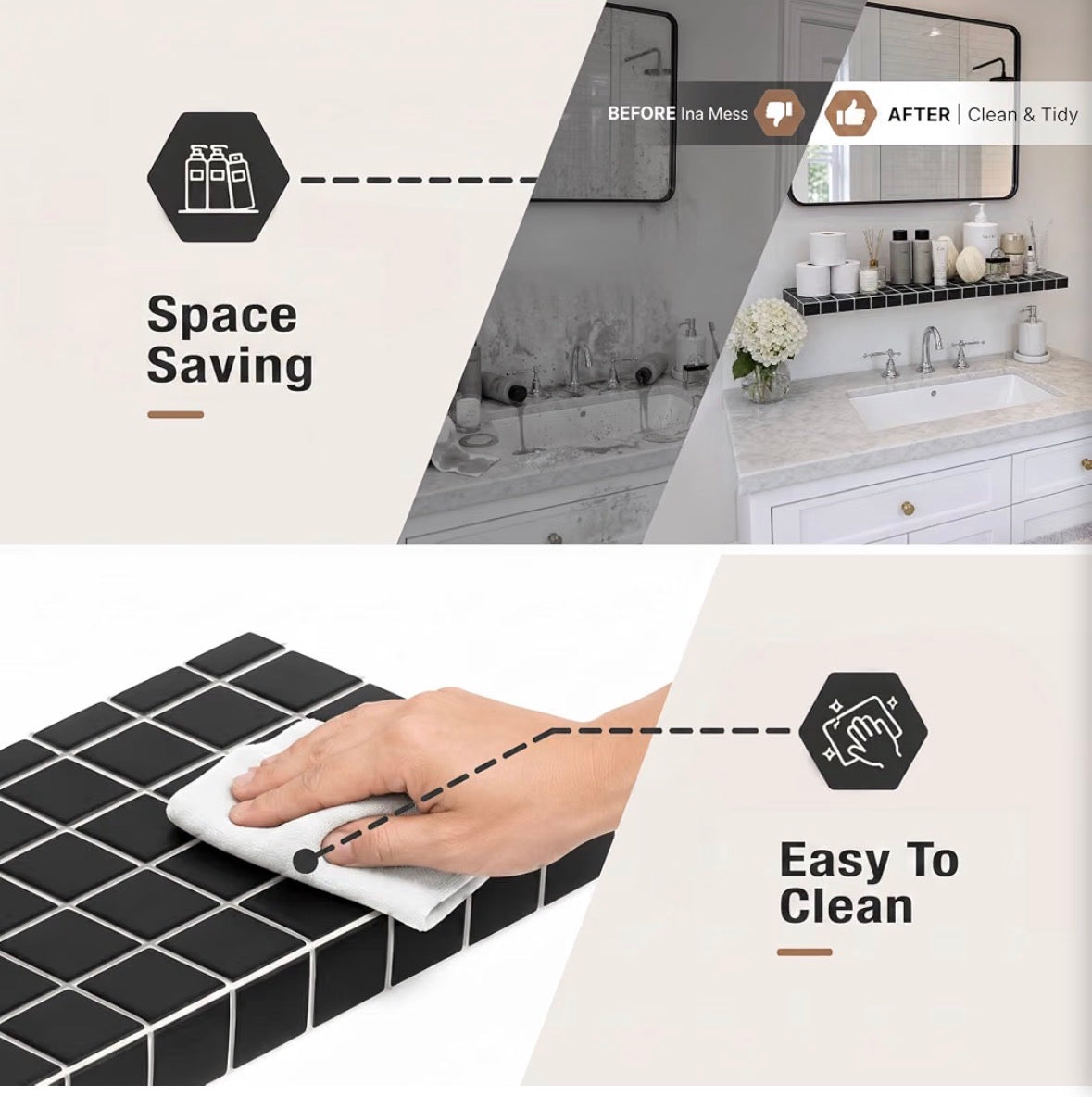 Black Tile Texture Floating Wall Shelves Set of 2 – 35.4" x 9.4", 60 LBS, 3D Mosaic Design