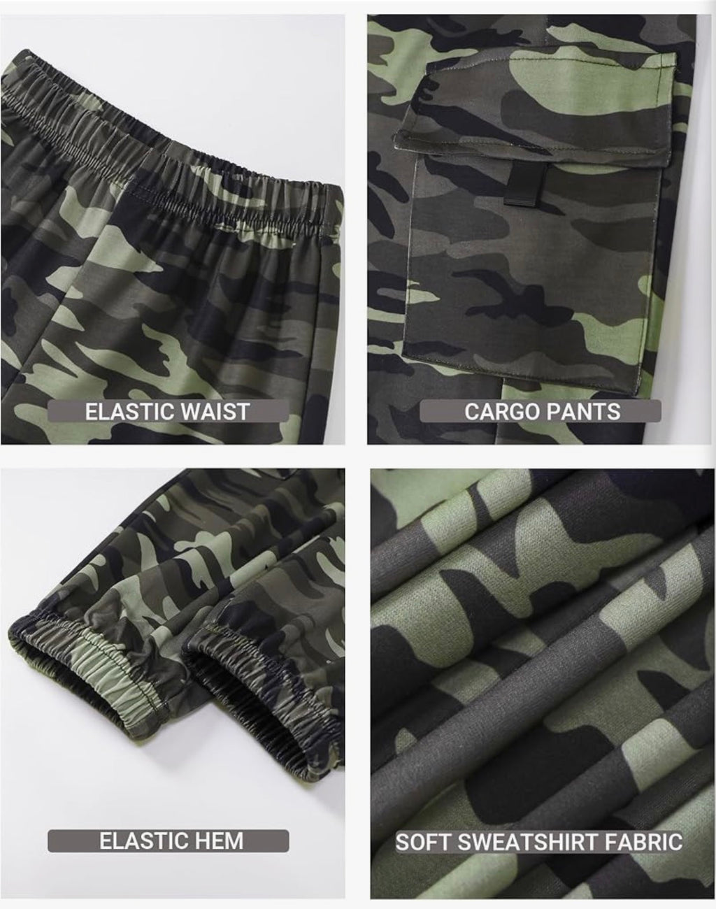 Girls Black Ruched Side-Tie Top & Camo Cargo Jogger Pants Set