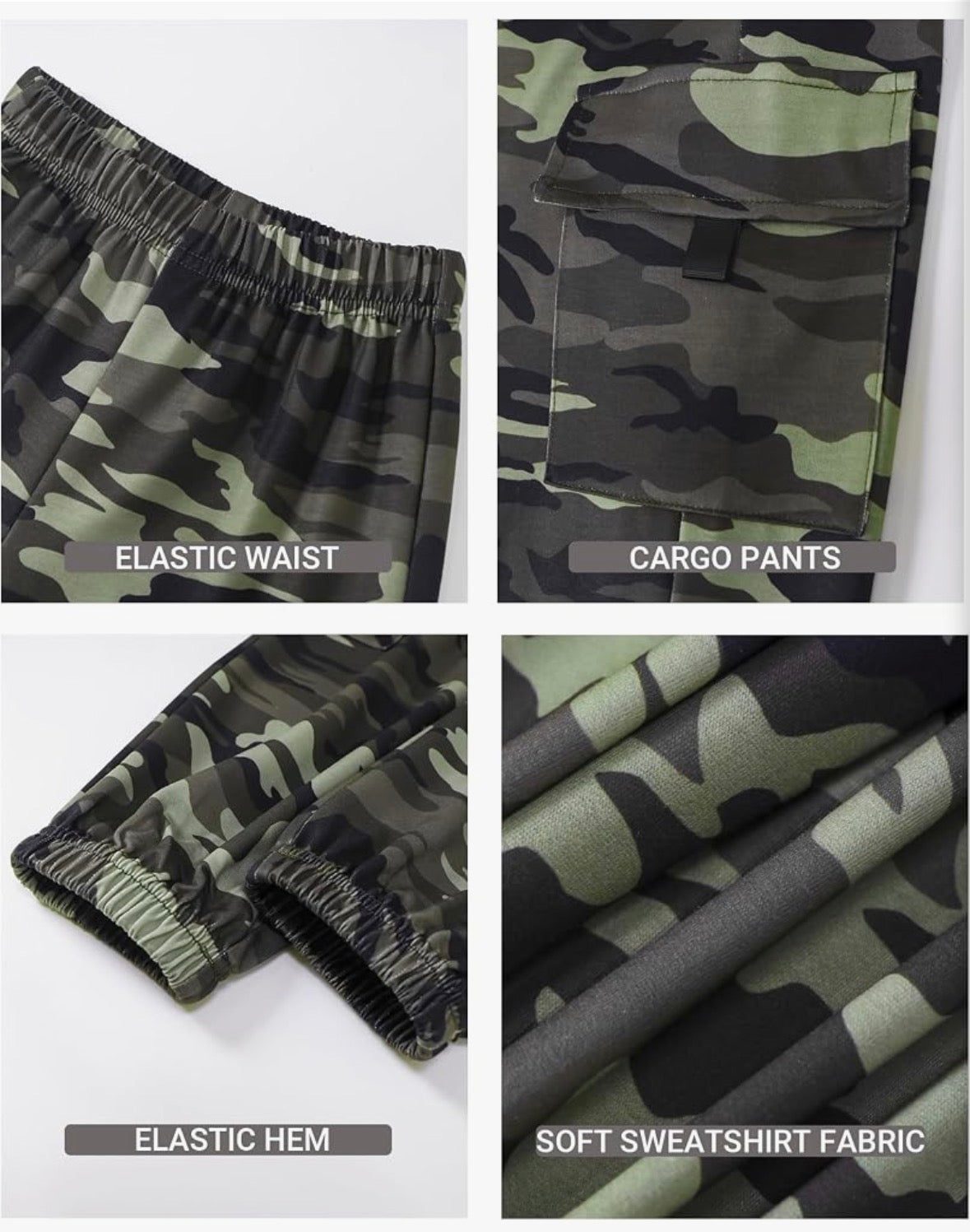 Girls Black Ruched Side-Tie Top & Camo Cargo Jogger Pants Set