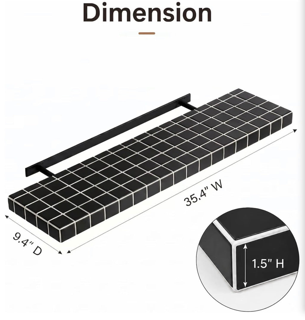 Black Tile Texture Floating Wall Shelves Set of 2 – 35.4" x 9.4", 60 LBS, 3D Mosaic Design