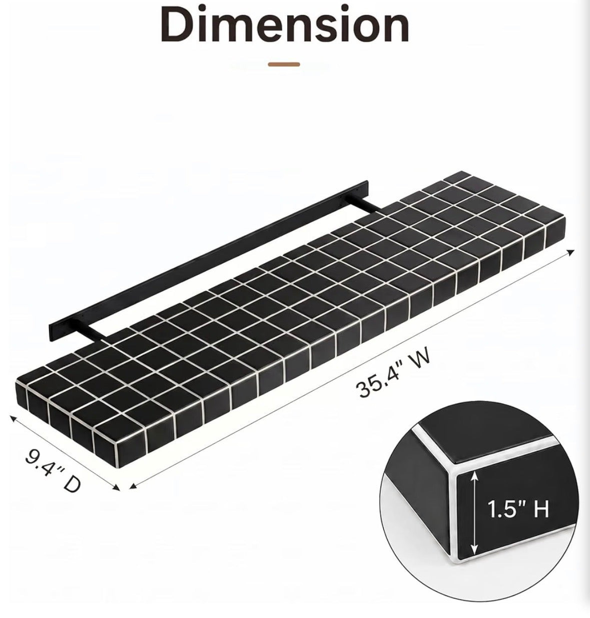 Black Tile Texture Floating Wall Shelves Set of 2 – 35.4" x 9.4", 60 LBS, 3D Mosaic Design