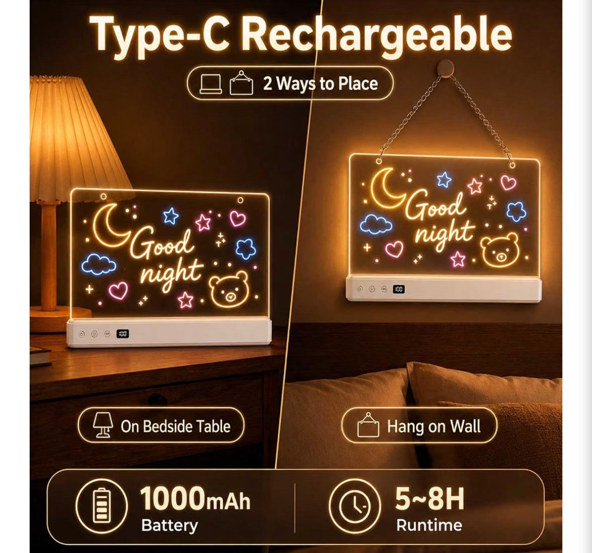 LED Light-Up Drawing Board for Kids – Rechargeable, Music Sync, 7 Colors & 7 Effects, Erasable
