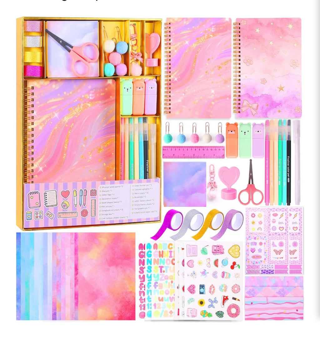 Girls Scrapbook Journaling Kit – 2 Spiral Journals, Washi Tape, Stickers, Pens & Craft Supplies, 100+ Pieces