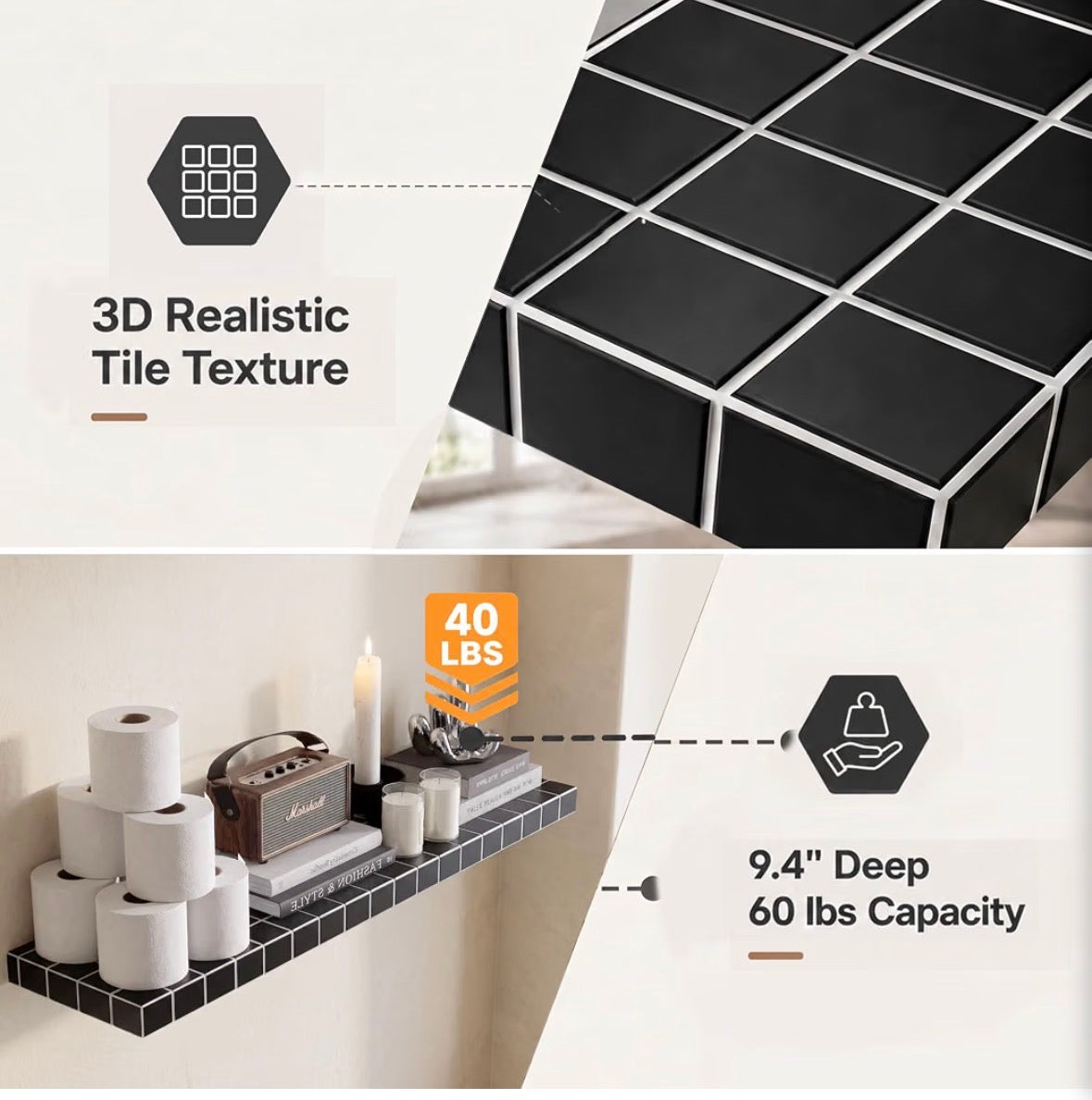 Black Tile Texture Floating Wall Shelves Set of 2 – 35.4" x 9.4", 60 LBS, 3D Mosaic Design