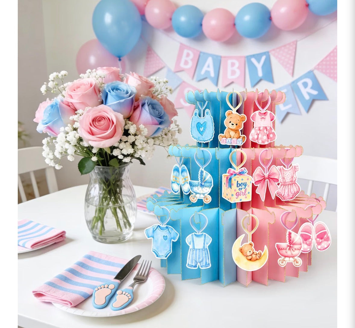 Boy or Girl Gender Reveal 3D Cake Centerpiece with 51 Hanging Ornaments