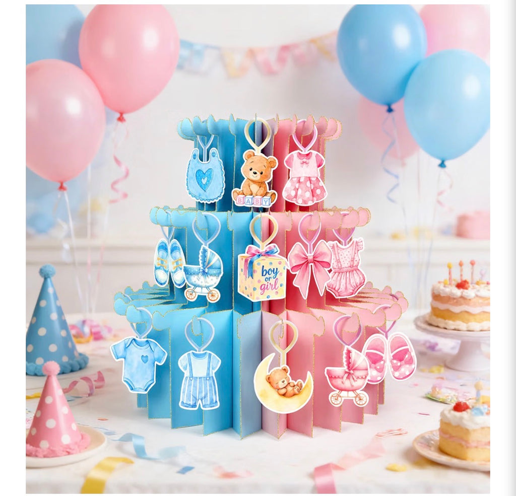 Boy or Girl Gender Reveal 3D Cake Centerpiece with 51 Hanging Ornaments