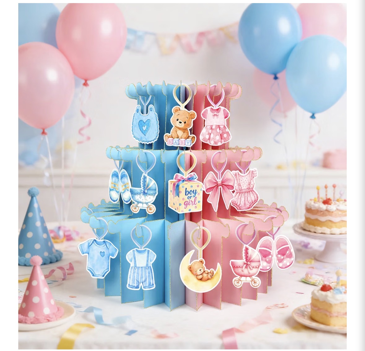 Boy or Girl Gender Reveal 3D Cake Centerpiece with 51 Hanging Ornaments