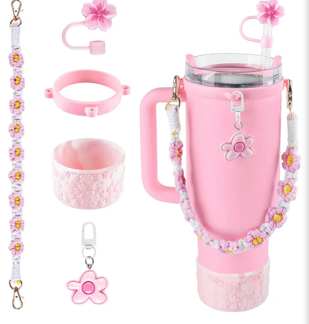 Pink Daisy Tumbler Accessories Set for Stanley & Owala 30 & 40 oz – 5-Piece Floral Cup Charm Kit