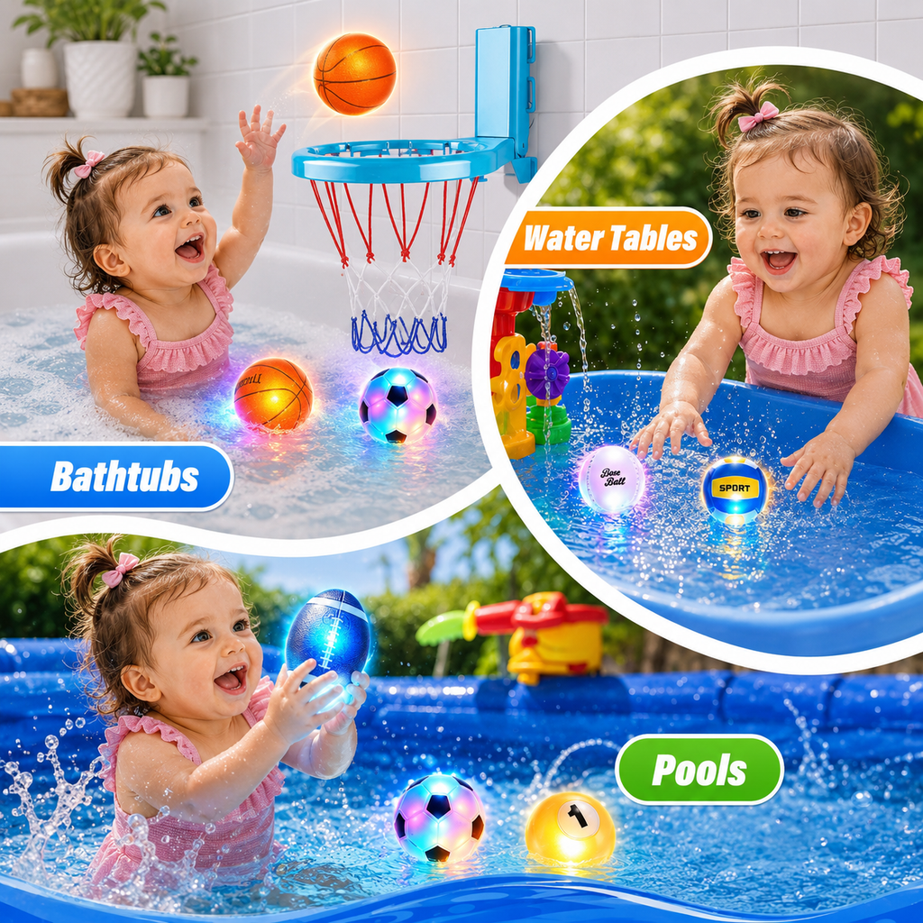 Light Up Bath Toys Set with Basketball Hoop – 6 Glowing Sports Balls