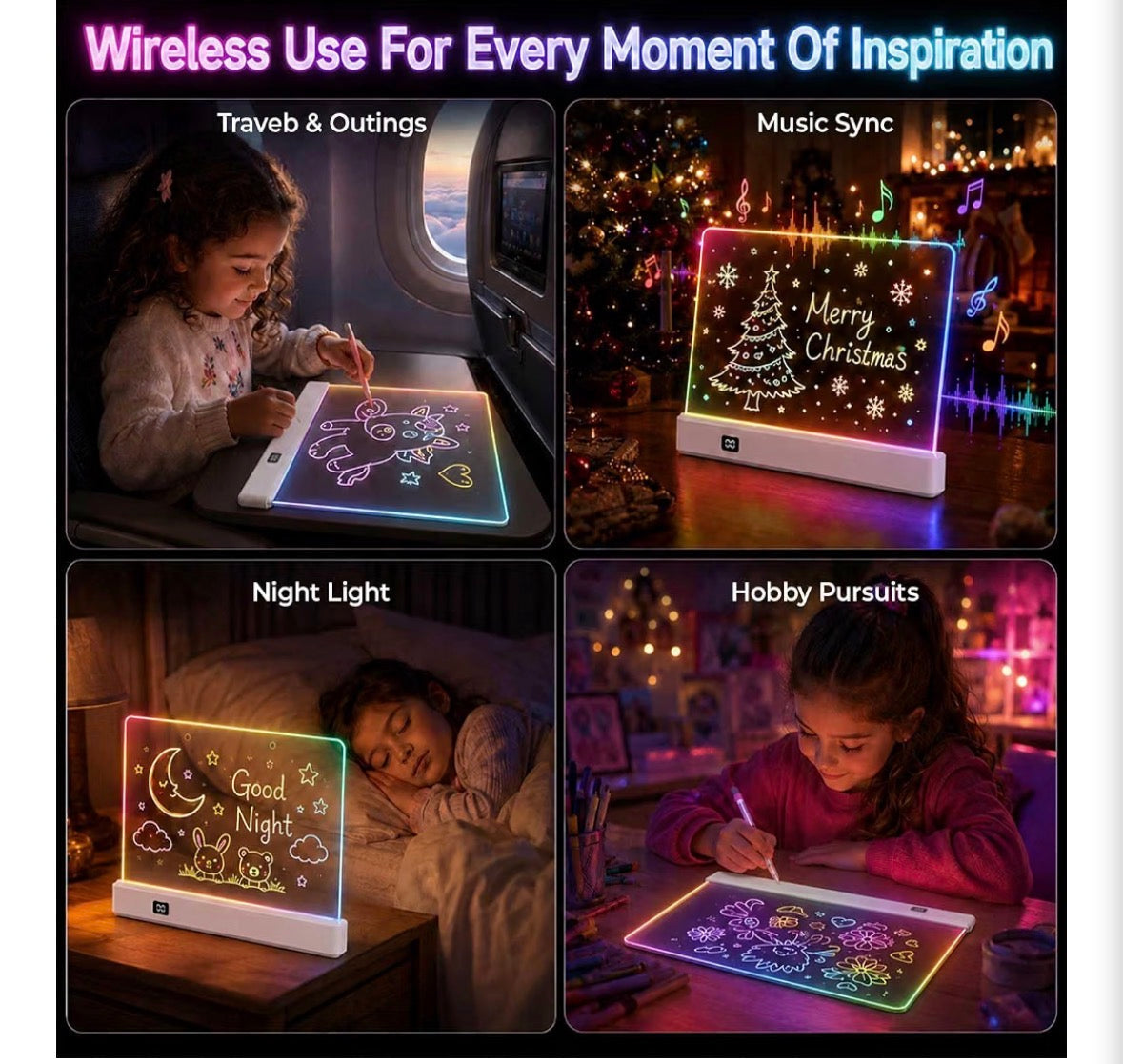 LED Light-Up Drawing Board for Kids – Rechargeable, Music Sync, 7 Colors & 7 Effects, Erasable