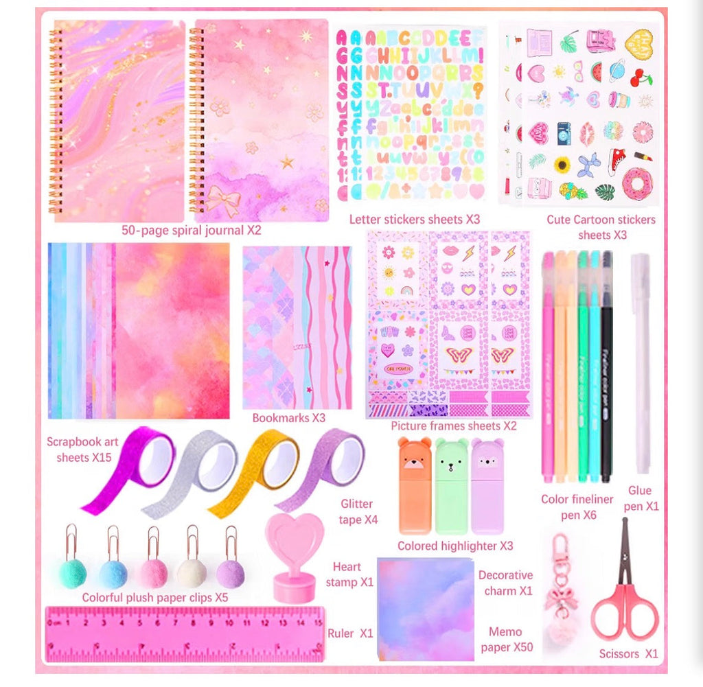 Girls Scrapbook Journaling Kit – 2 Spiral Journals, Washi Tape, Stickers, Pens & Craft Supplies, 100+ Pieces