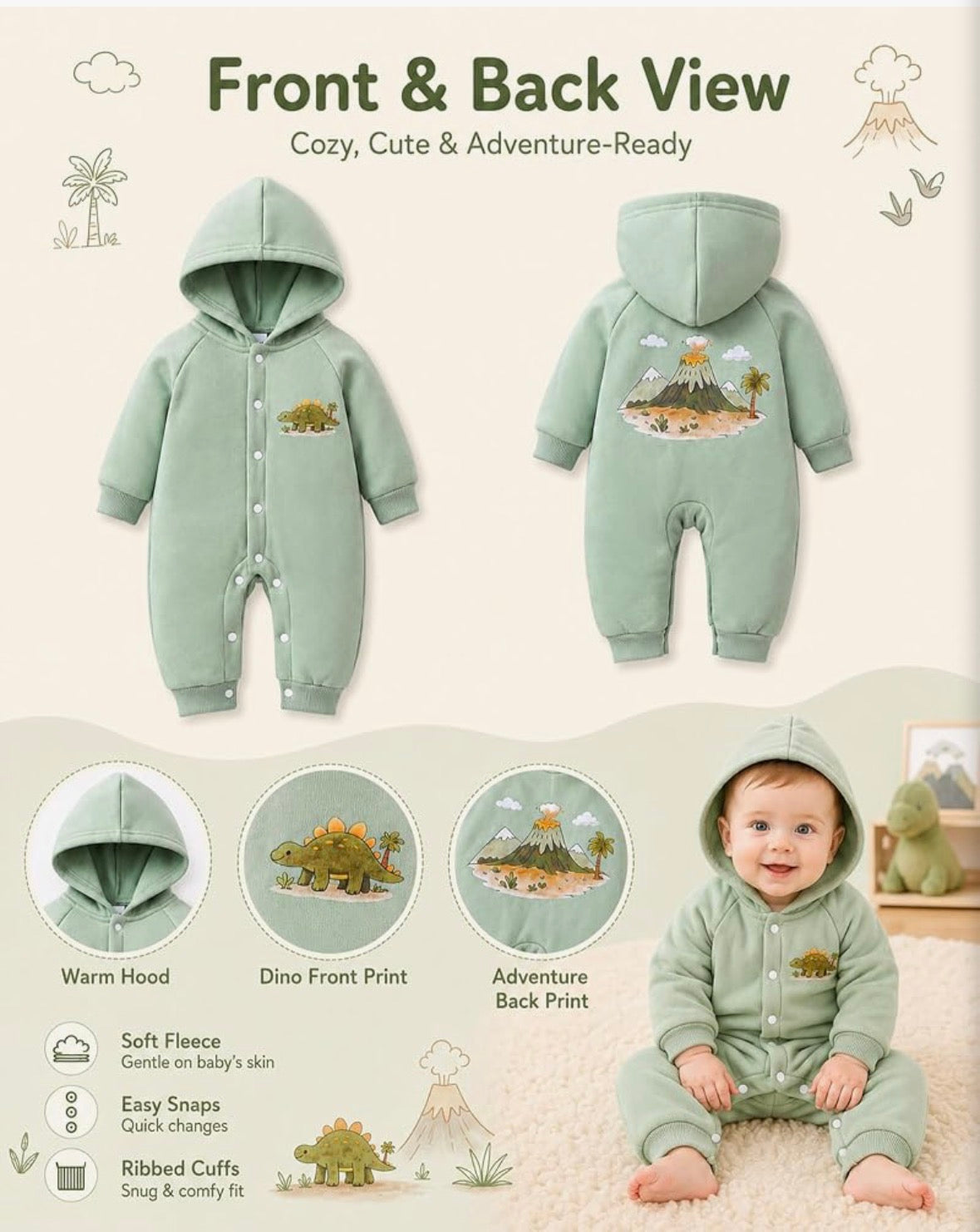 Cozy Dino Hooded Romper