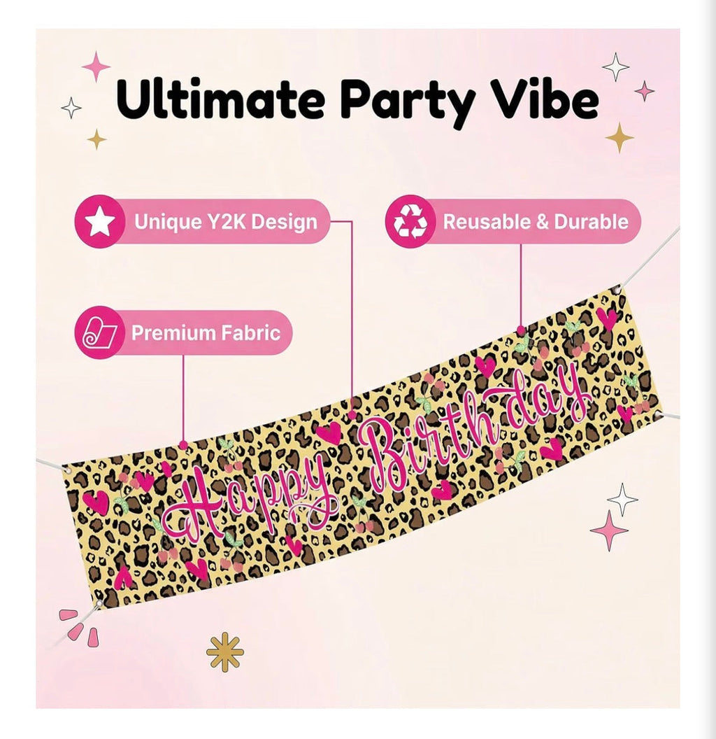 Leopard Print Happy Birthday Banner – Extra Large 72" Y2K Party Decoration
