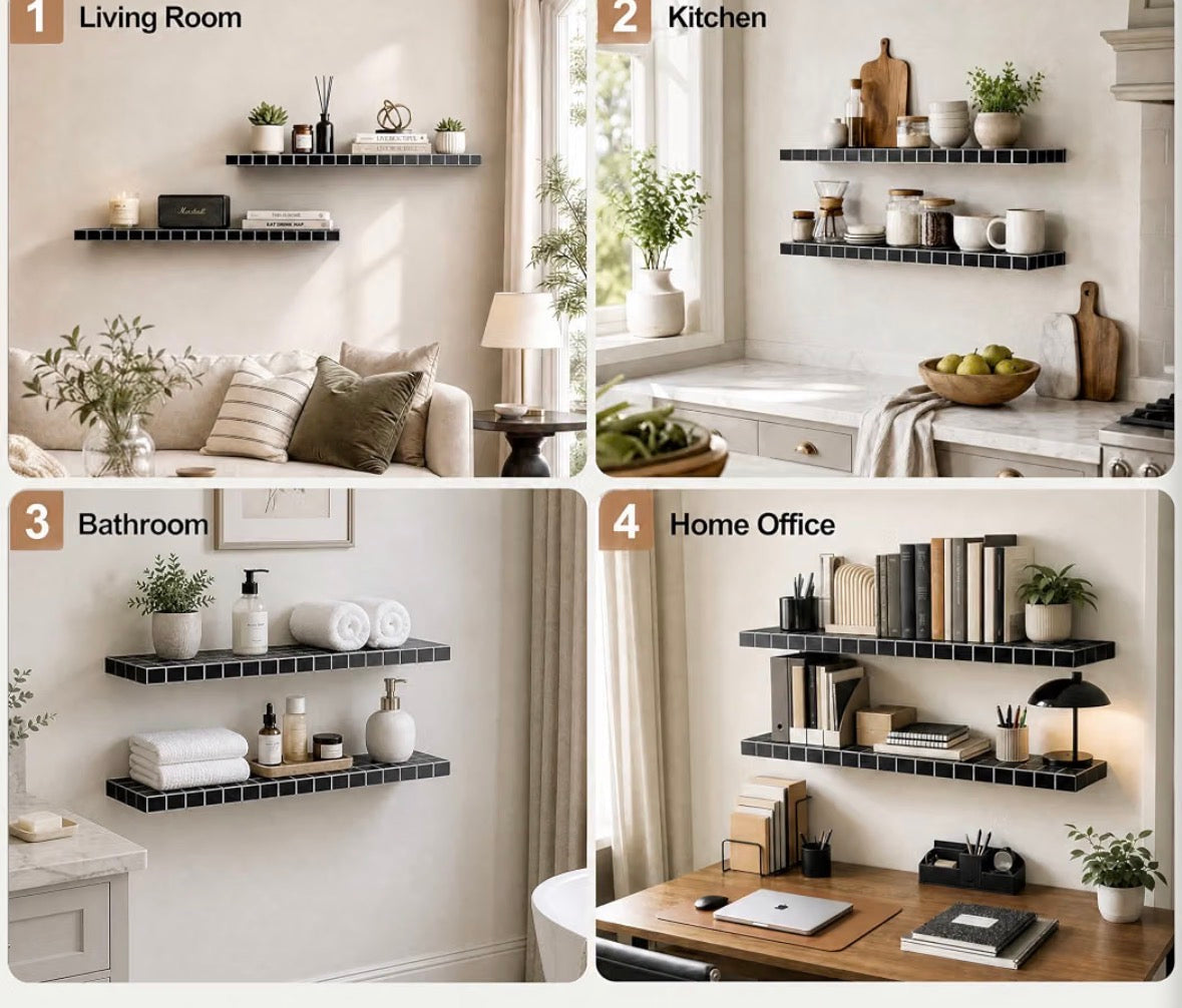 Black Tile Texture Floating Wall Shelves Set of 2 – 35.4" x 9.4", 60 LBS, 3D Mosaic Design