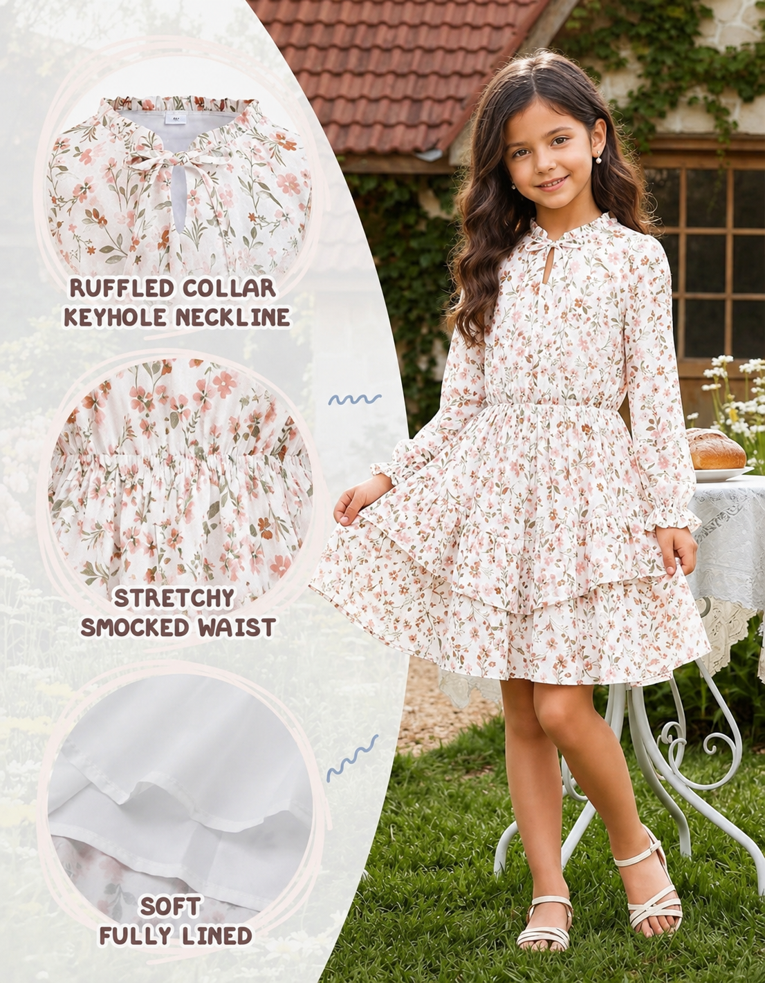 Girls Floral Chiffon Tiered Dress